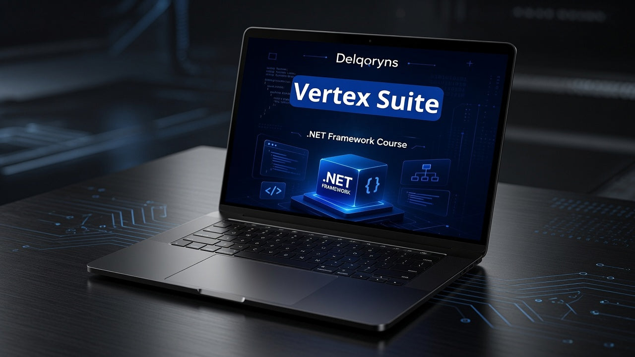 A dark gray laptop on a glossy black desk with circuit-like patterns, displaying a digital course screen titled 'Delqoryns Vertex Suite .NET Framework Course' on its screen.