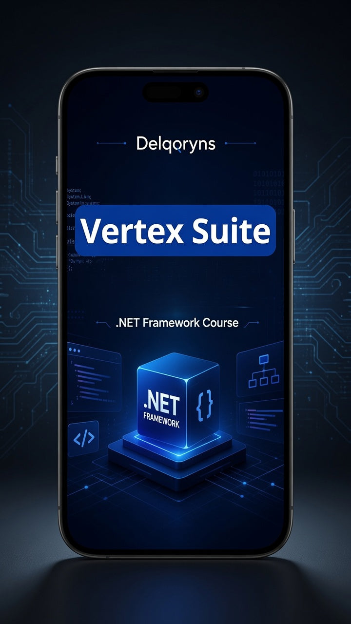 A smartphone mockup displaying a digital course interface titled 'Delqoryns Vertex Suite .NET Framework Course' on a dark blue tech-themed background.