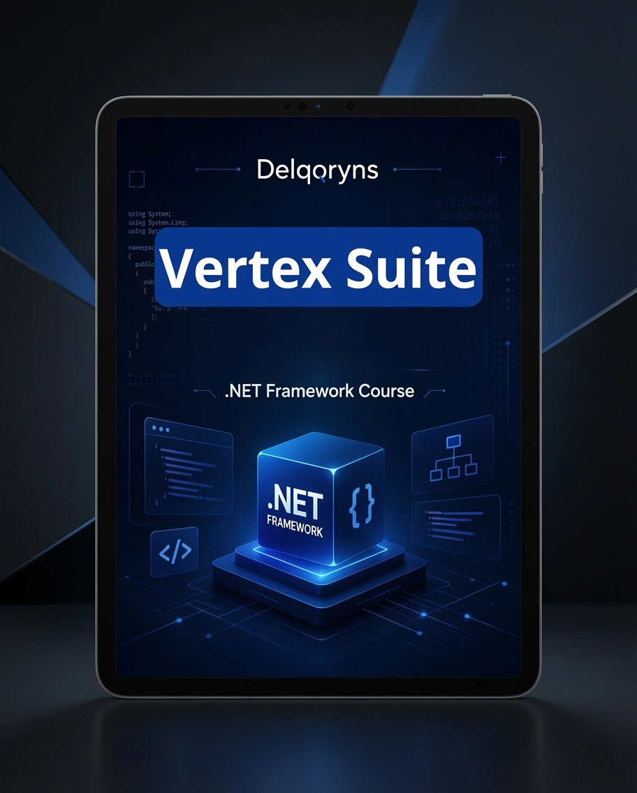 A tablet device displaying a digital course cover for 'Delqoryns Vertex Suite .NET Framework Course' on a dark blue and black background.