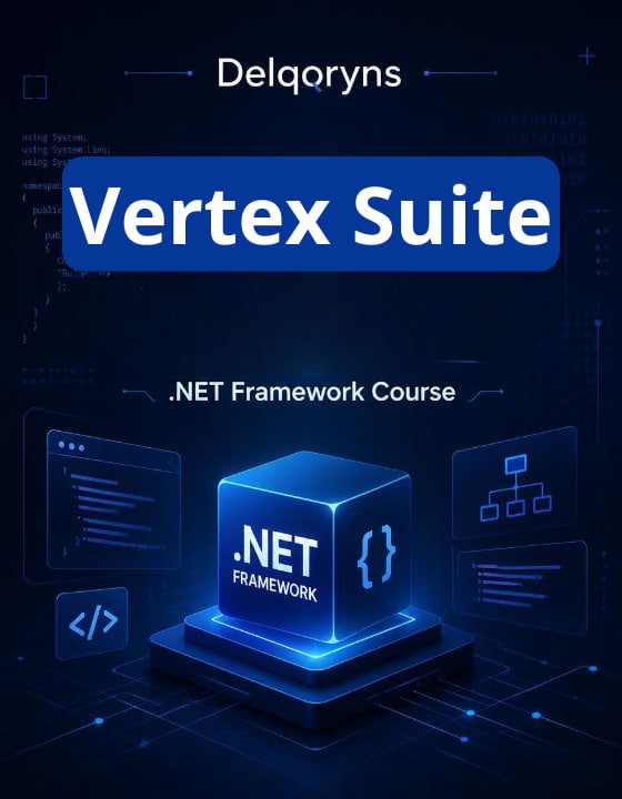 Promotional graphic for a Delqoryns .NET Framework course, featuring a glowing blue 3D cube labeled '.