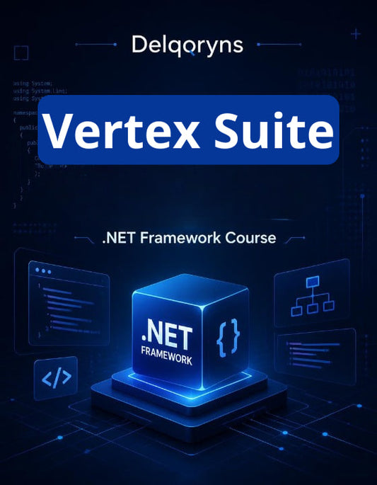 Promotional graphic for a Delqoryns .NET Framework course, featuring a glowing blue 3D cube labeled '.